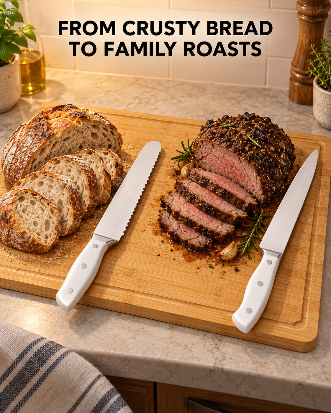 bread knife and slicing knife with artisan bread and cooked roast on bamboo board