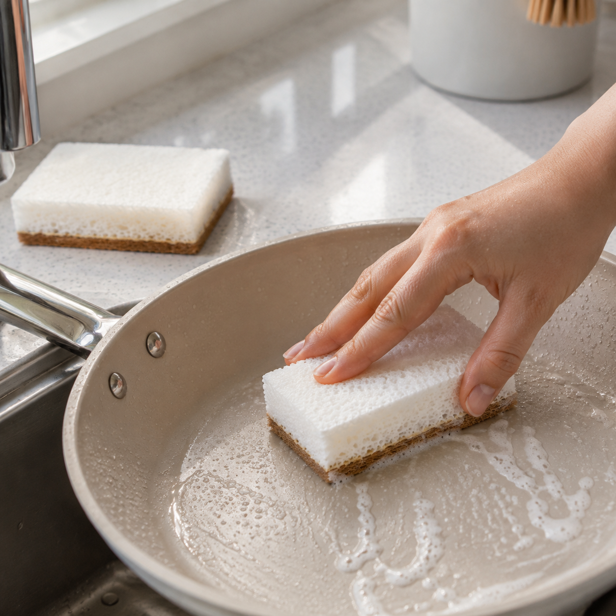 walnut scrubber sponge cleaning a non-stick pan near the kitchen sink