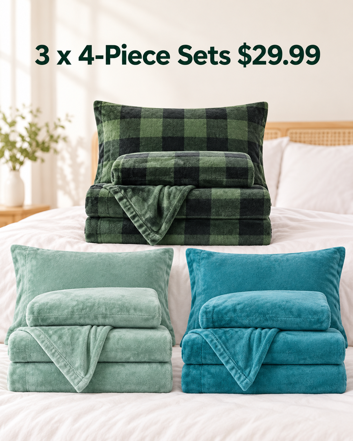 3 sets buffalo green mint green turquoise 4 piece velvet plush flannel sheet bundle 29.99 USD