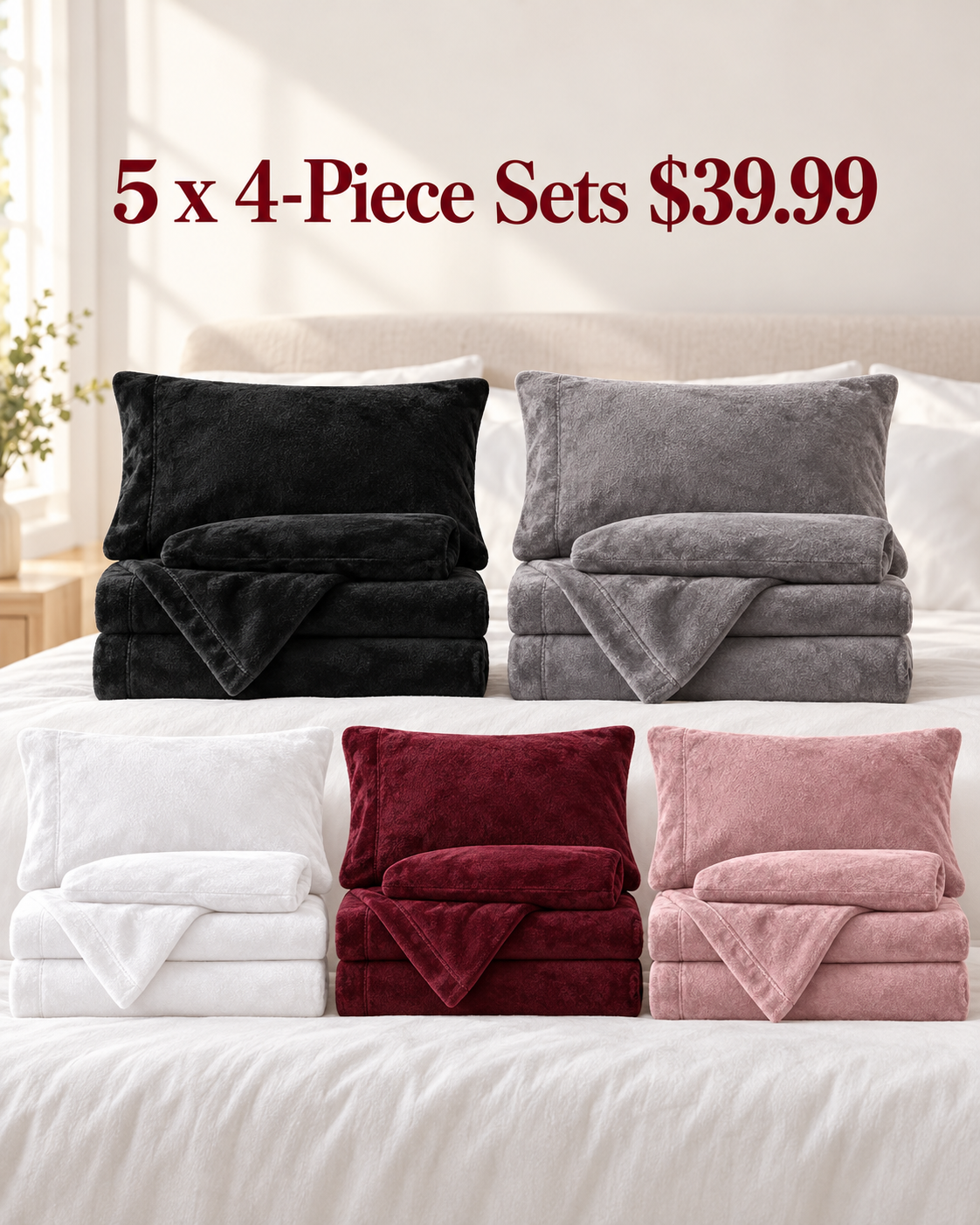 5 sets black gray white burgundy rose 4 piece velvet plush flannel sheet bundle 39.99 USD