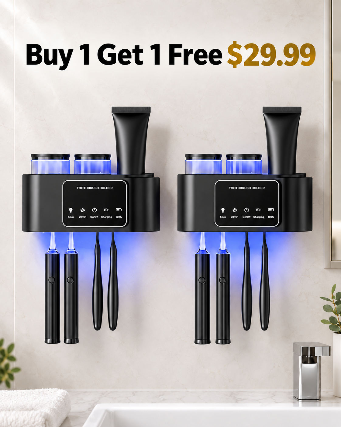 Buy 1 Get 1 Free black wall mounted toothbrush holders 29.99 USD