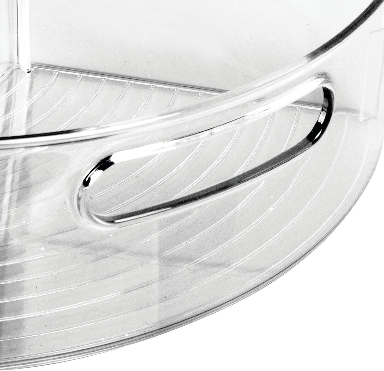 Front handle detail on smoke gray curved plastic storage bin