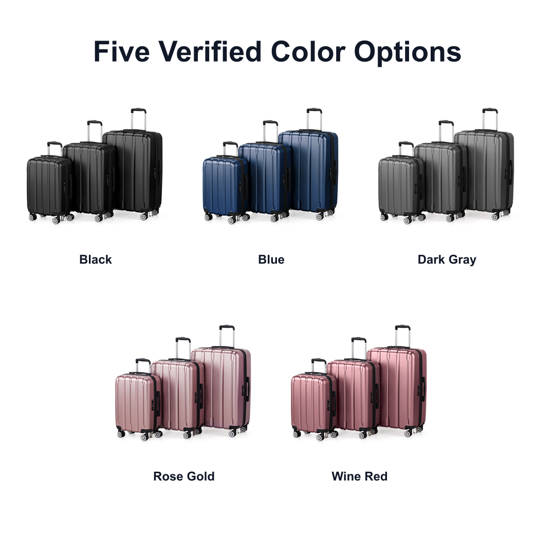 five color options for three piece hardside luggage set