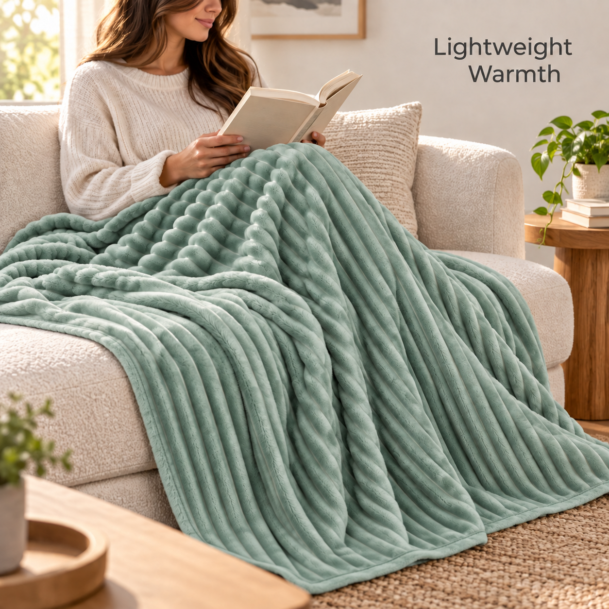 Jadeite channel stripe fleece blanket used for lightweight warmth while reading
