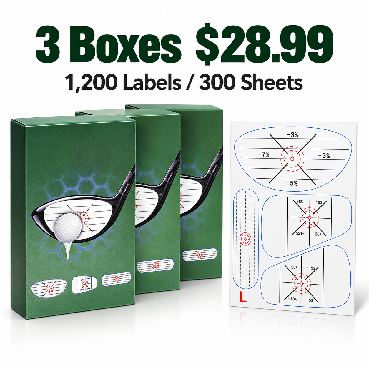 left handed three box golf impact label bundle with 1200 labels and 300 sheets for 28.99 USD