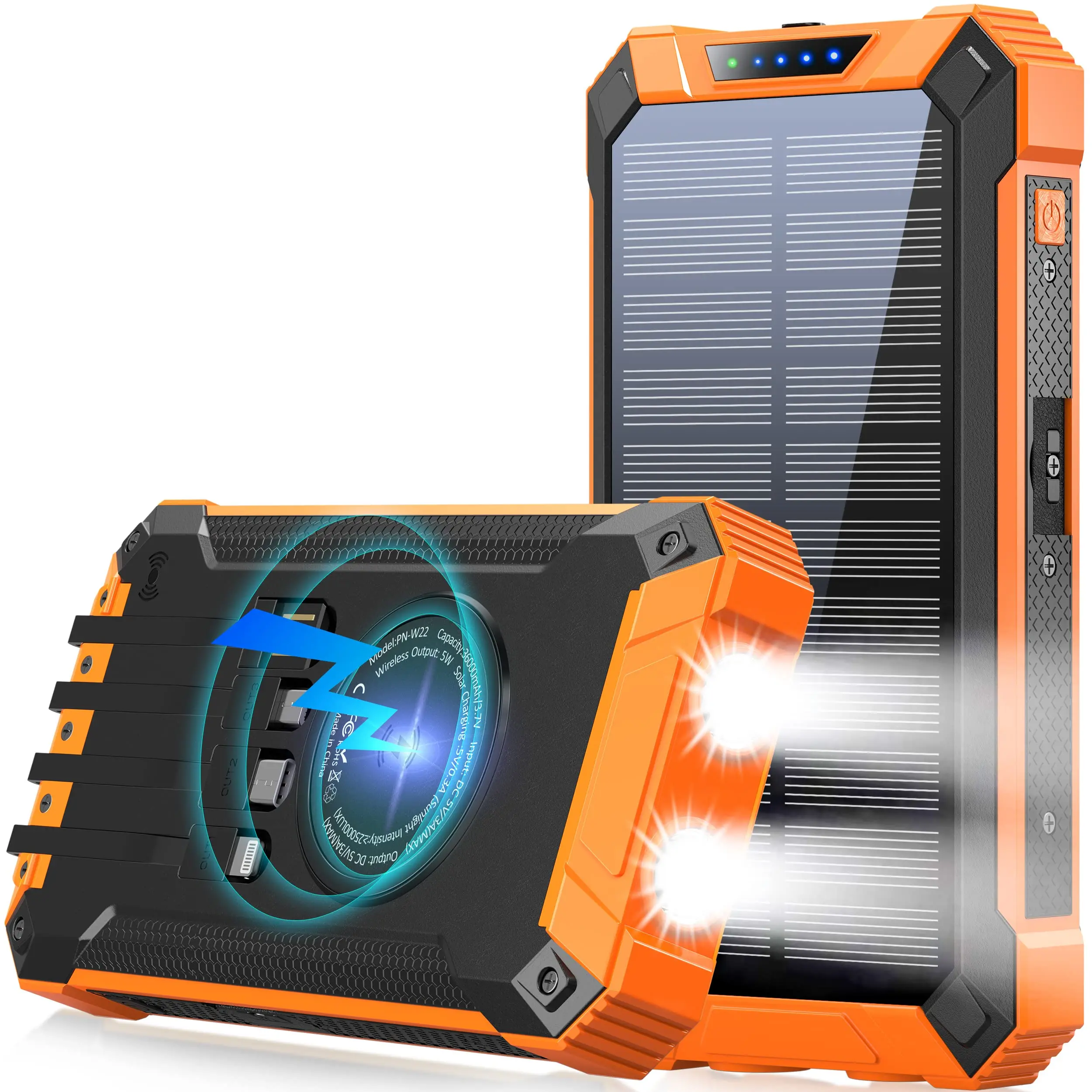 orange W22 rugged solar power bank with wireless charging and dual LED flashlight