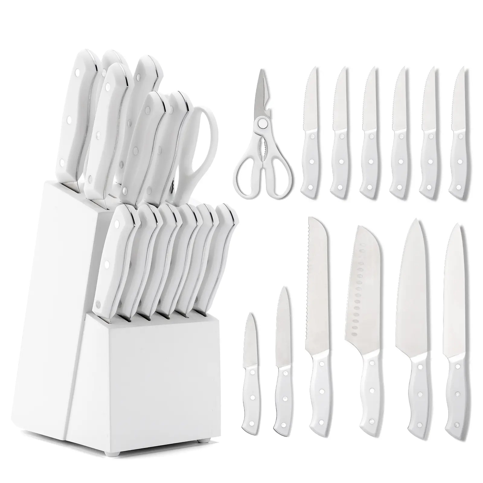 white knife set with six main knives six steak knives shears block and built in sharpener