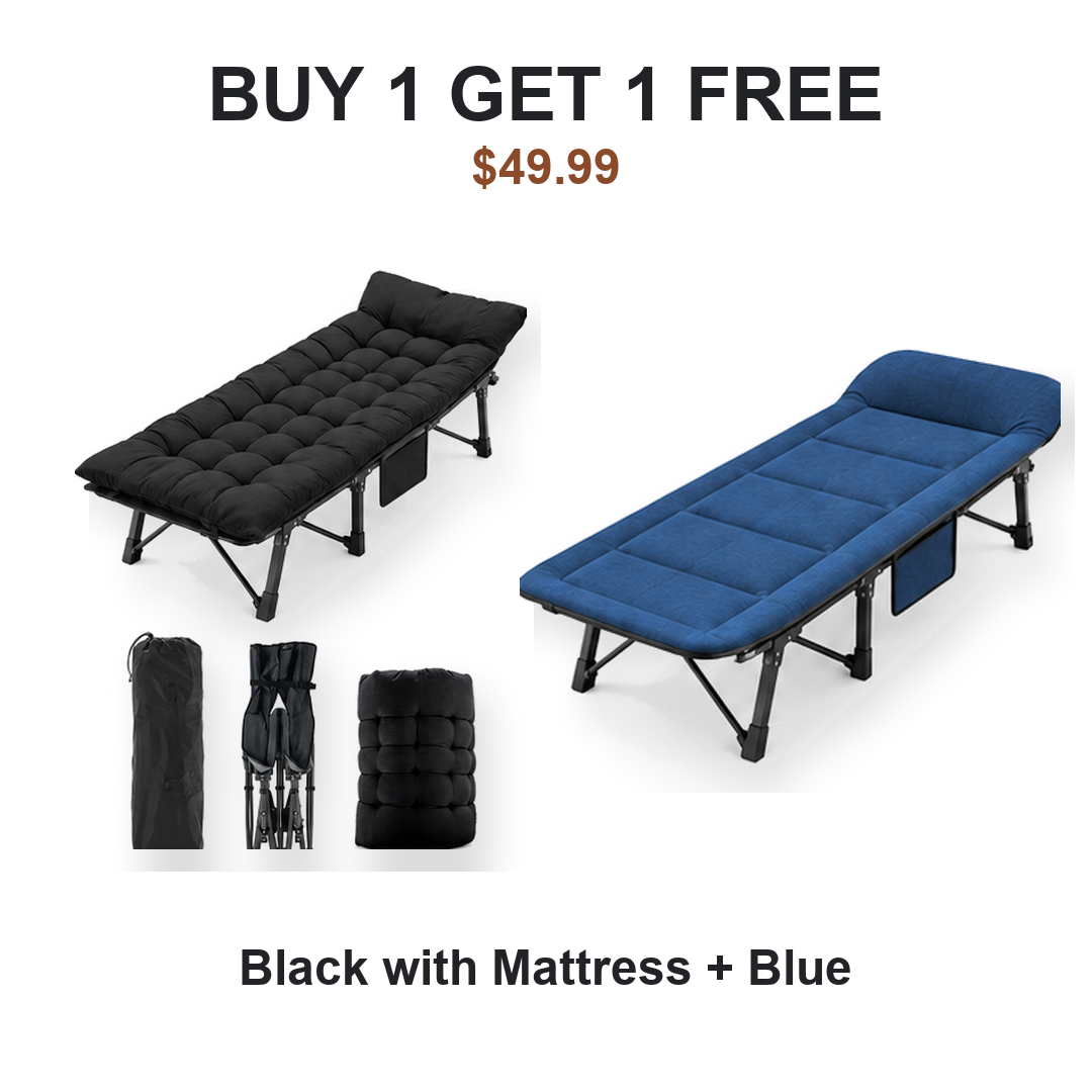 Buy one get one free camping cot pair: Cot #1 Black with Mattress, Cot #2 Blue