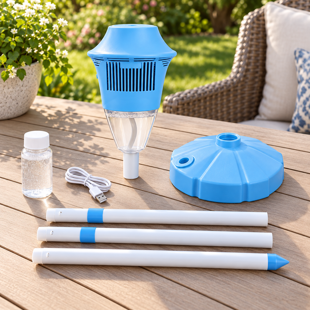 standing bubble maker parts with base pole segments and charging cable