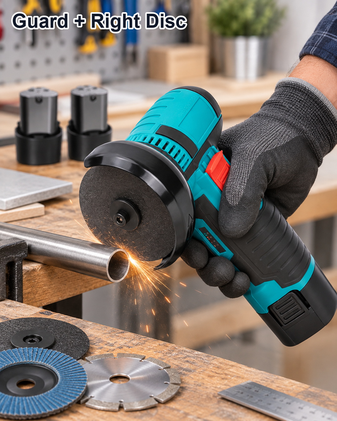 12V mini cordless angle grinder guard and right disc message for small cutting grinding sanding and polishing tasks
