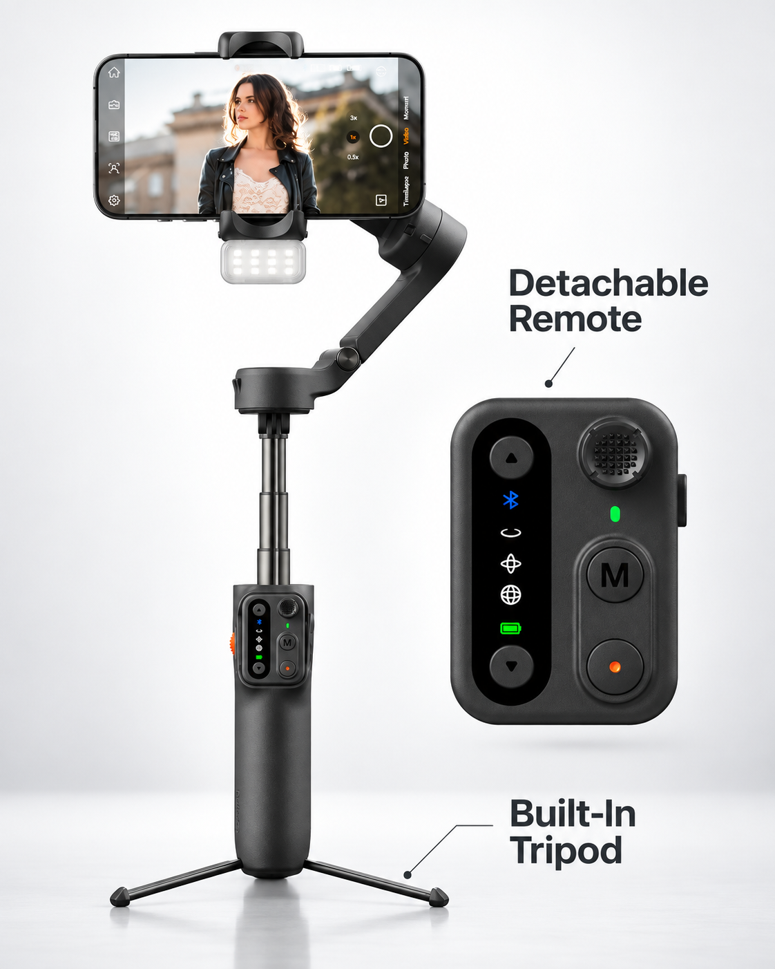 smartphone gimbal detachable remote and built in tripod detail