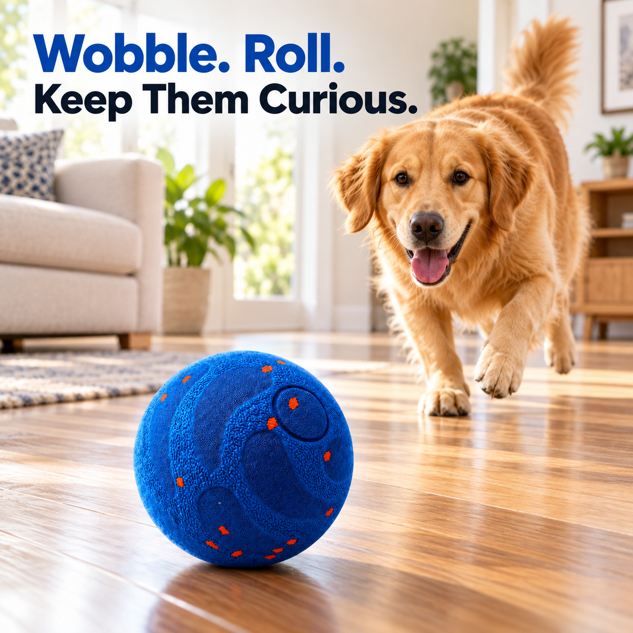 blue textured interactive dog ball rolling on a clear indoor floor during supervised play
