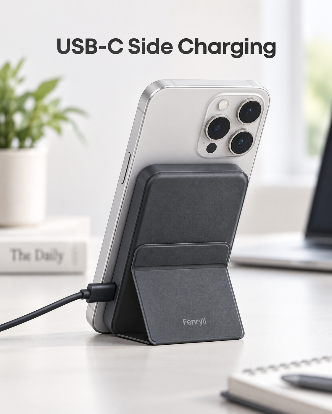 magnetic power bank USB-C side charging port and foldable stand