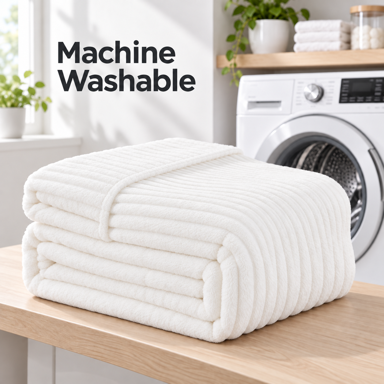 white folded channel stripe fleece blanket beside a washing machine