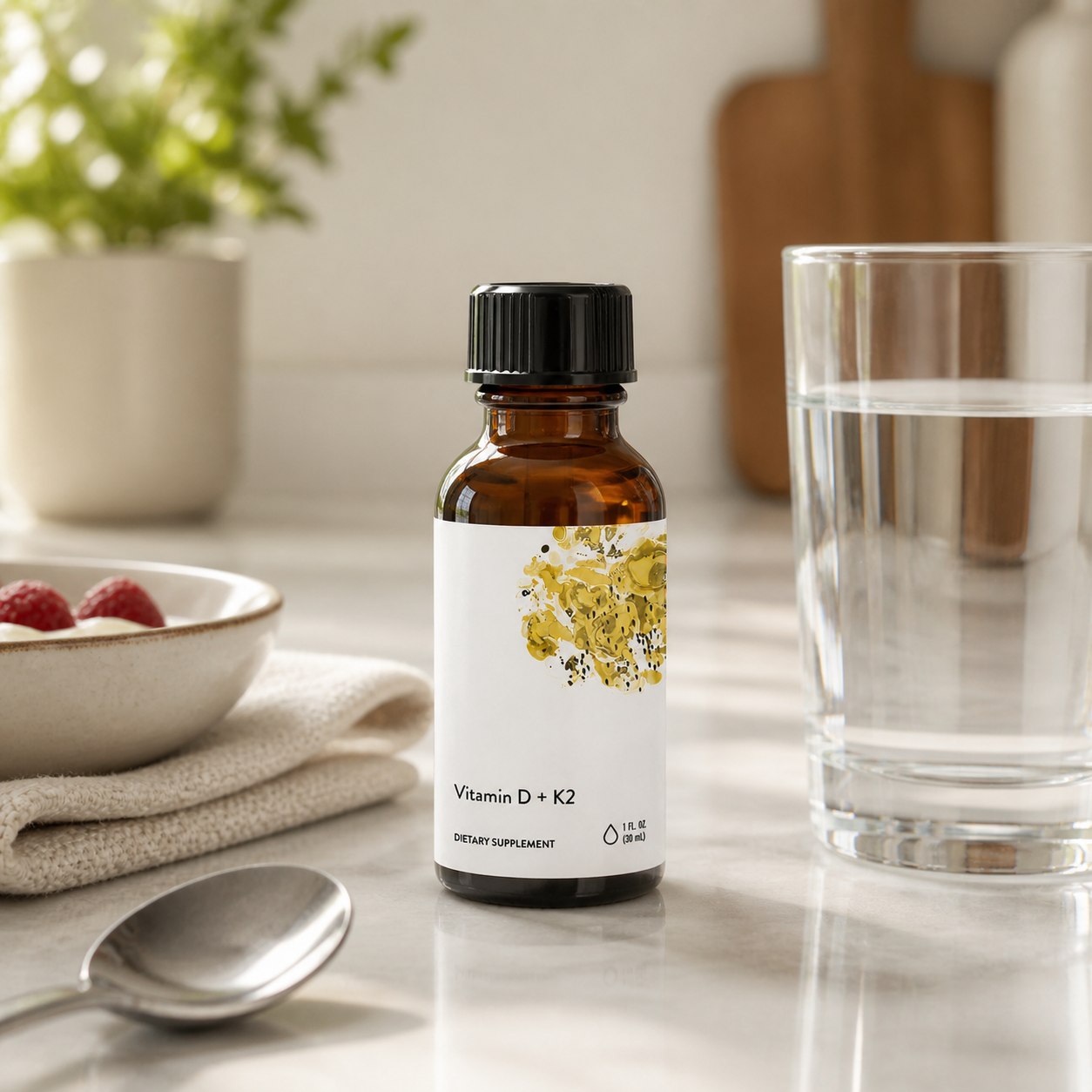 Vitamin D and K2 liquid supplement bottle on kitchen counter with water