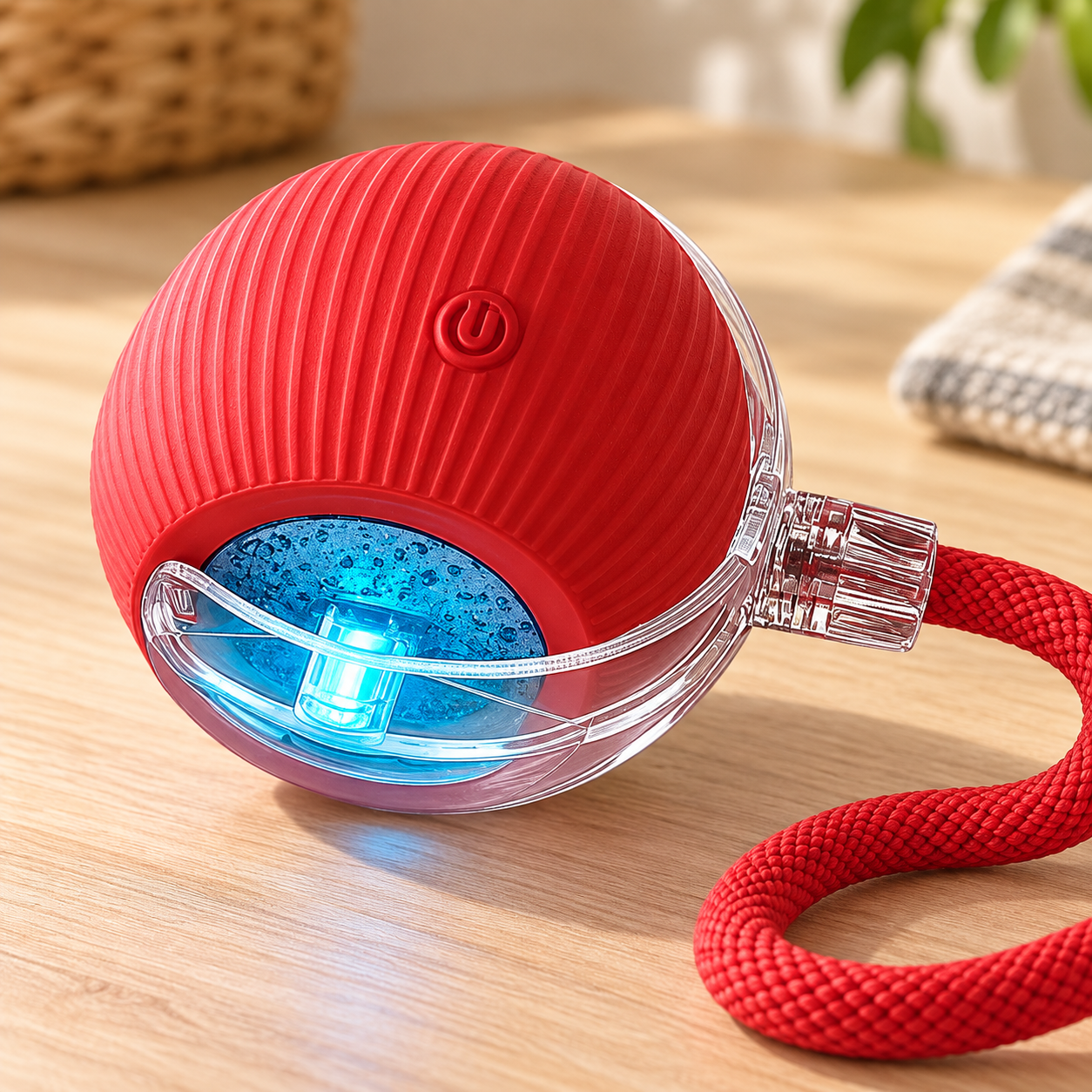 ribbed pet teaser ball with transparent light window and side tail connector