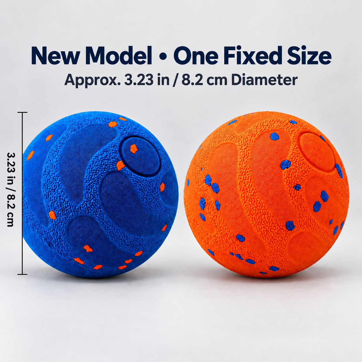 blue and orange New Model textured dog balls approximately 3.23 inches or 8.2 centimeters in diameter