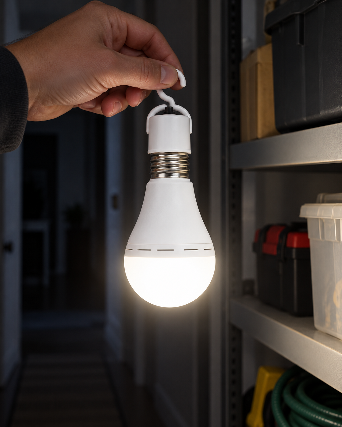 rechargeable LED emergency bulb used as a handheld light with hook cap