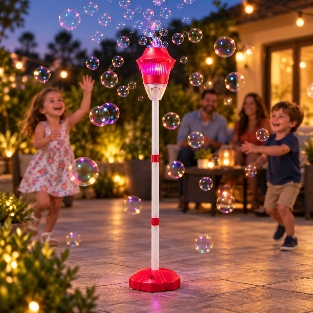 standing bubble maker with lights and bubbles at evening party