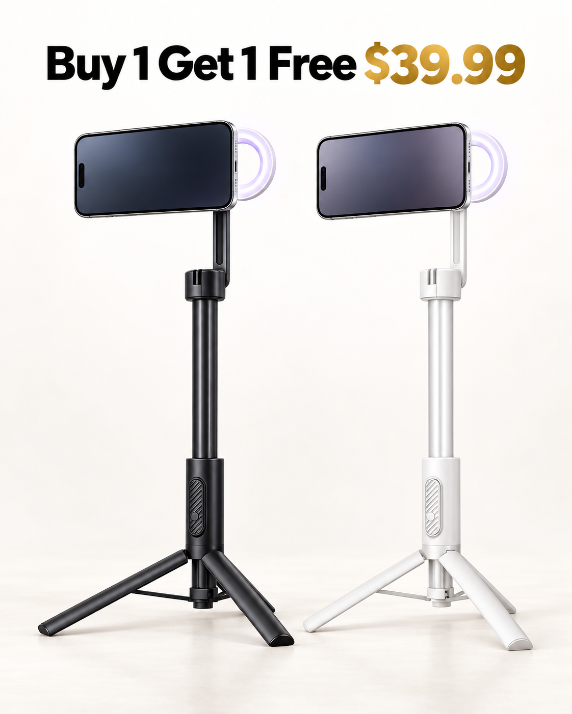 Buy 1 Get 1 Free black and white magnetic phone tripods with HaloGlow lights 39.99 USD