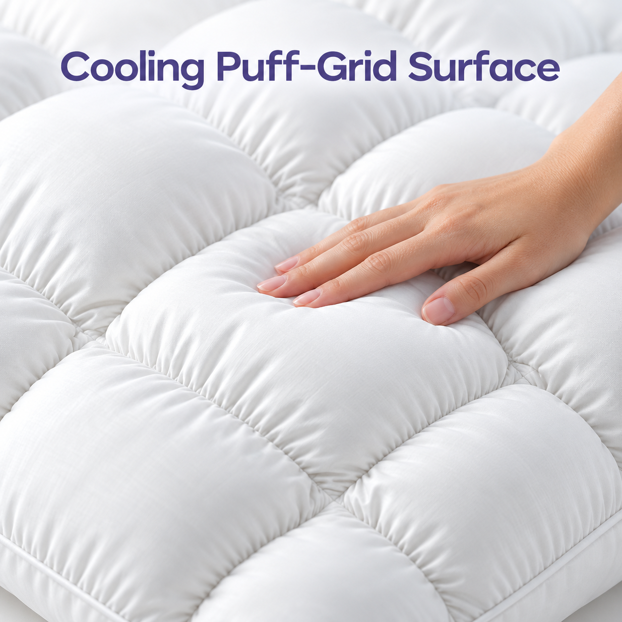 close view of rounded quilted pillow chambers and gathered seams