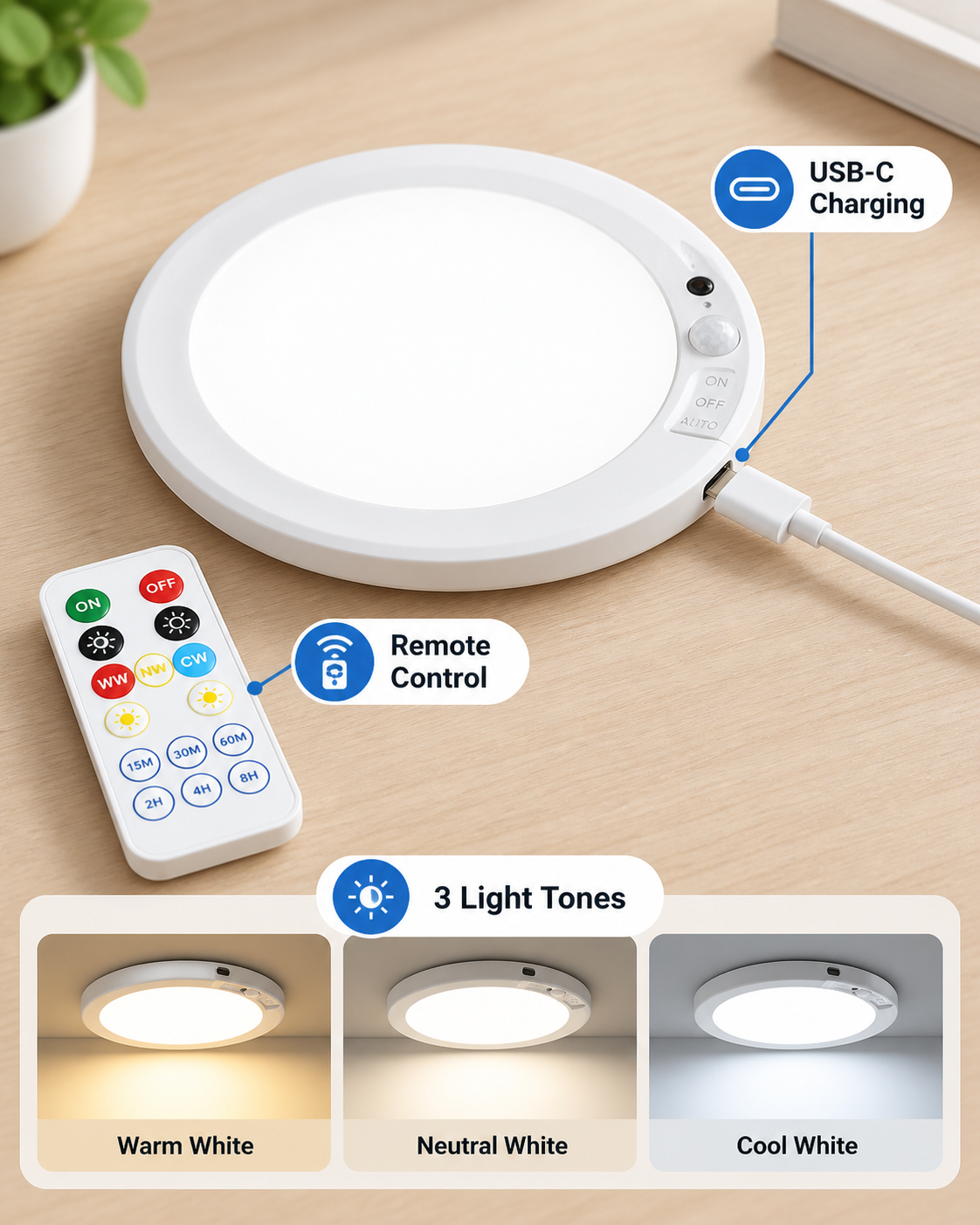 rechargeable motion sensor ceiling light closeup showing remote USB C charging and three light tones