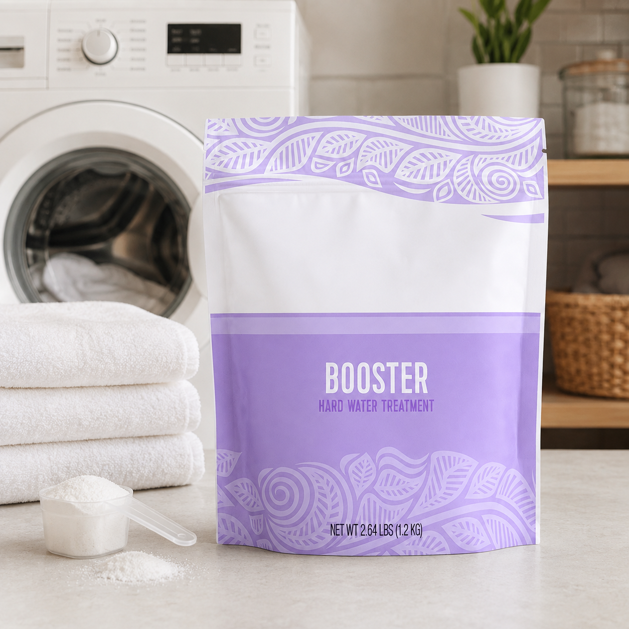 laundry booster powder pouch in laundry room with towels and scoop