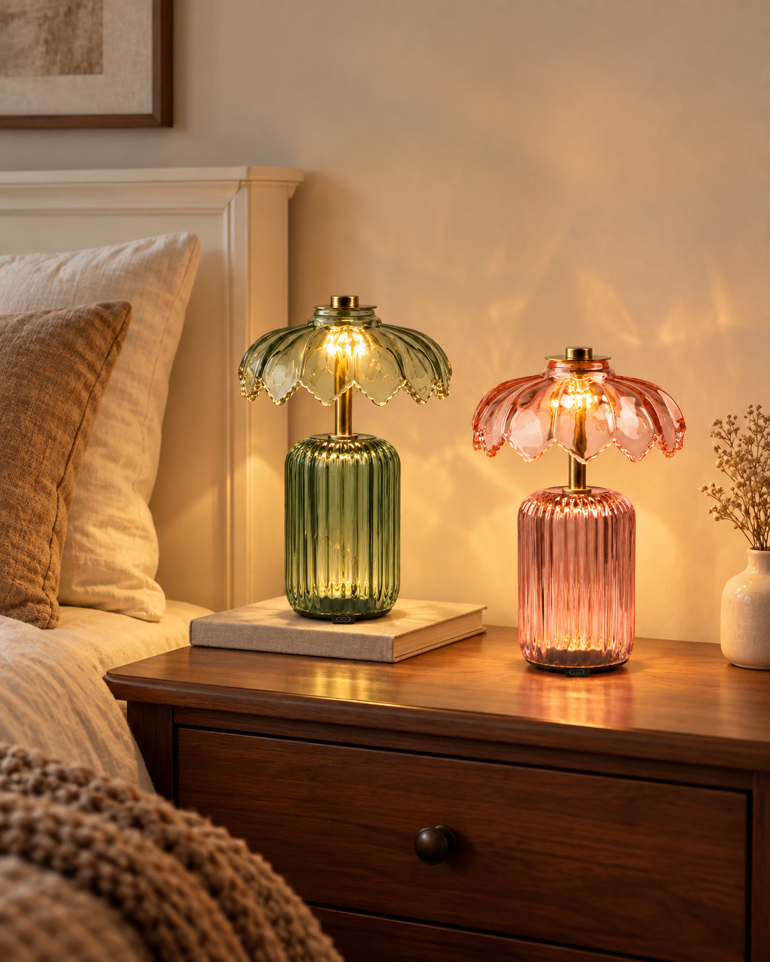 green and pink cordless flower crystal table lamps on bedroom nightstand