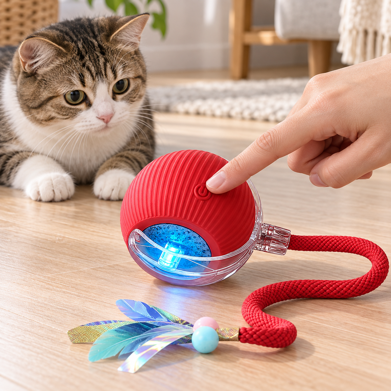 hand pressing pet teaser toy power button with tail attached