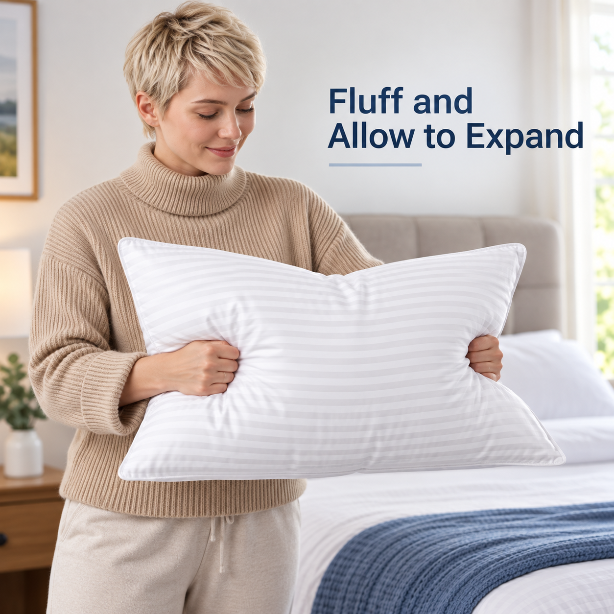 fluffing a white striped bed pillow before first use