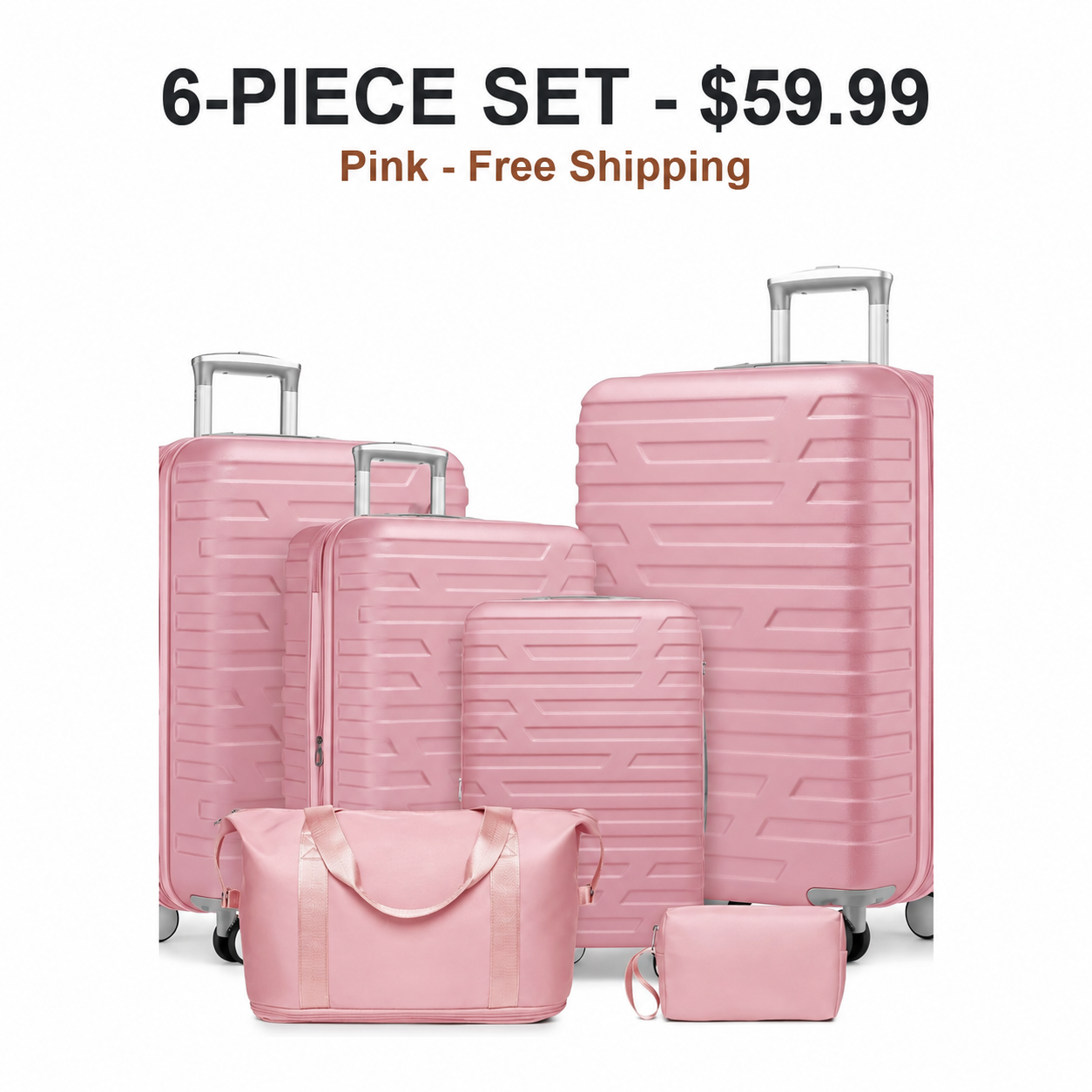 Pink 6-Piece Set hardside luggage set for 59.99 USD with Free Shipping
