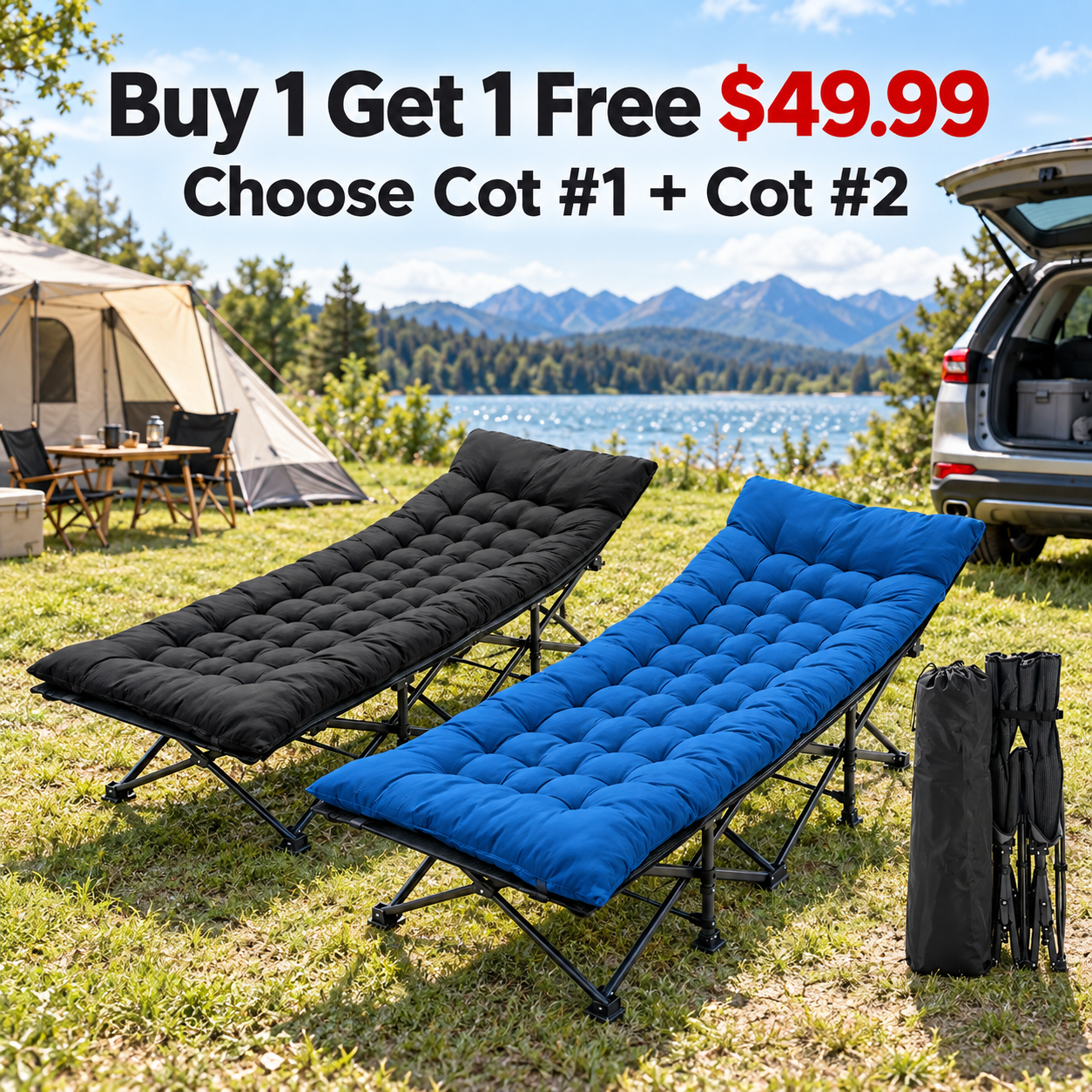 Buy one get one free adjustable camping cot offer for 49.99 USD