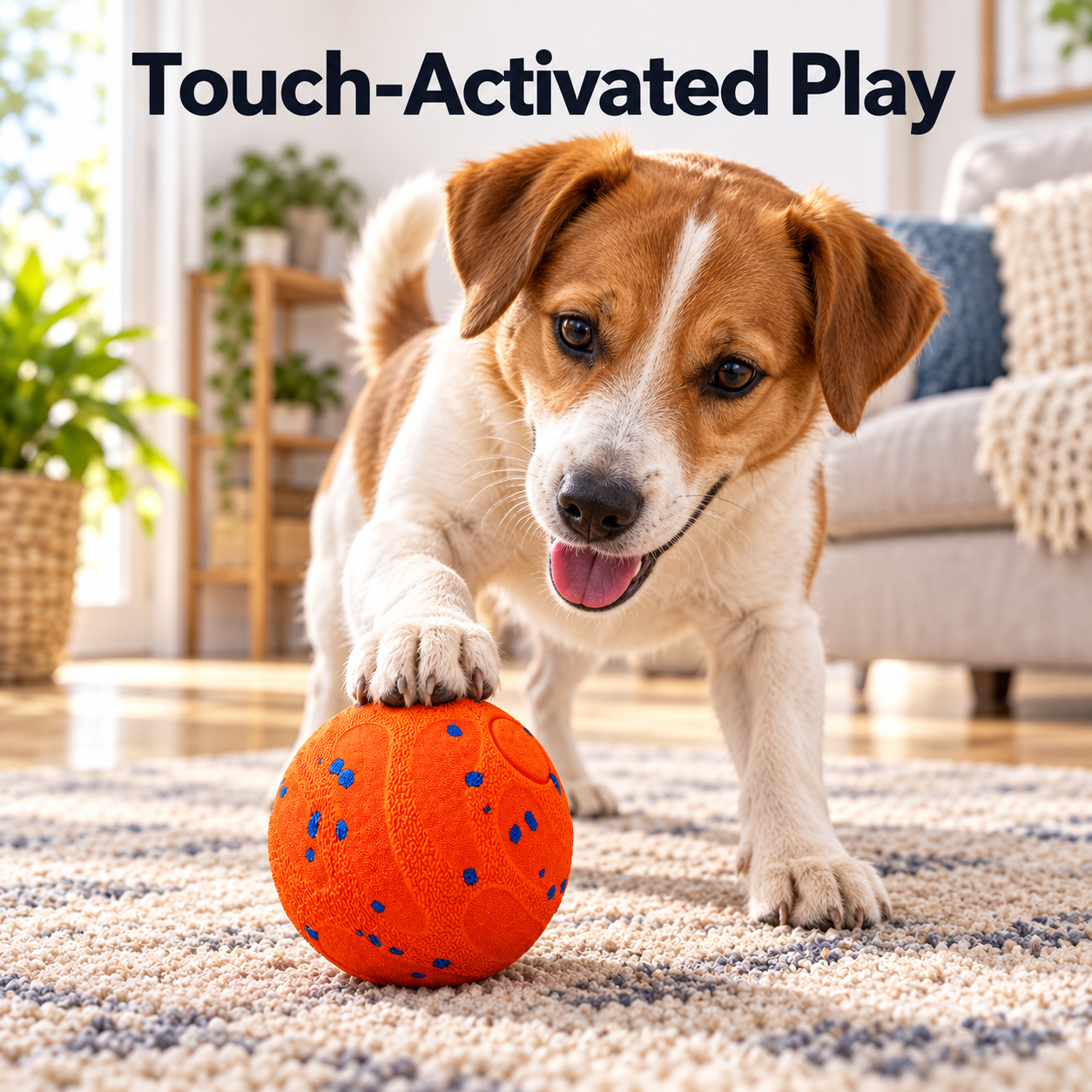 dog activating an orange textured interactive ball with a gentle paw touch