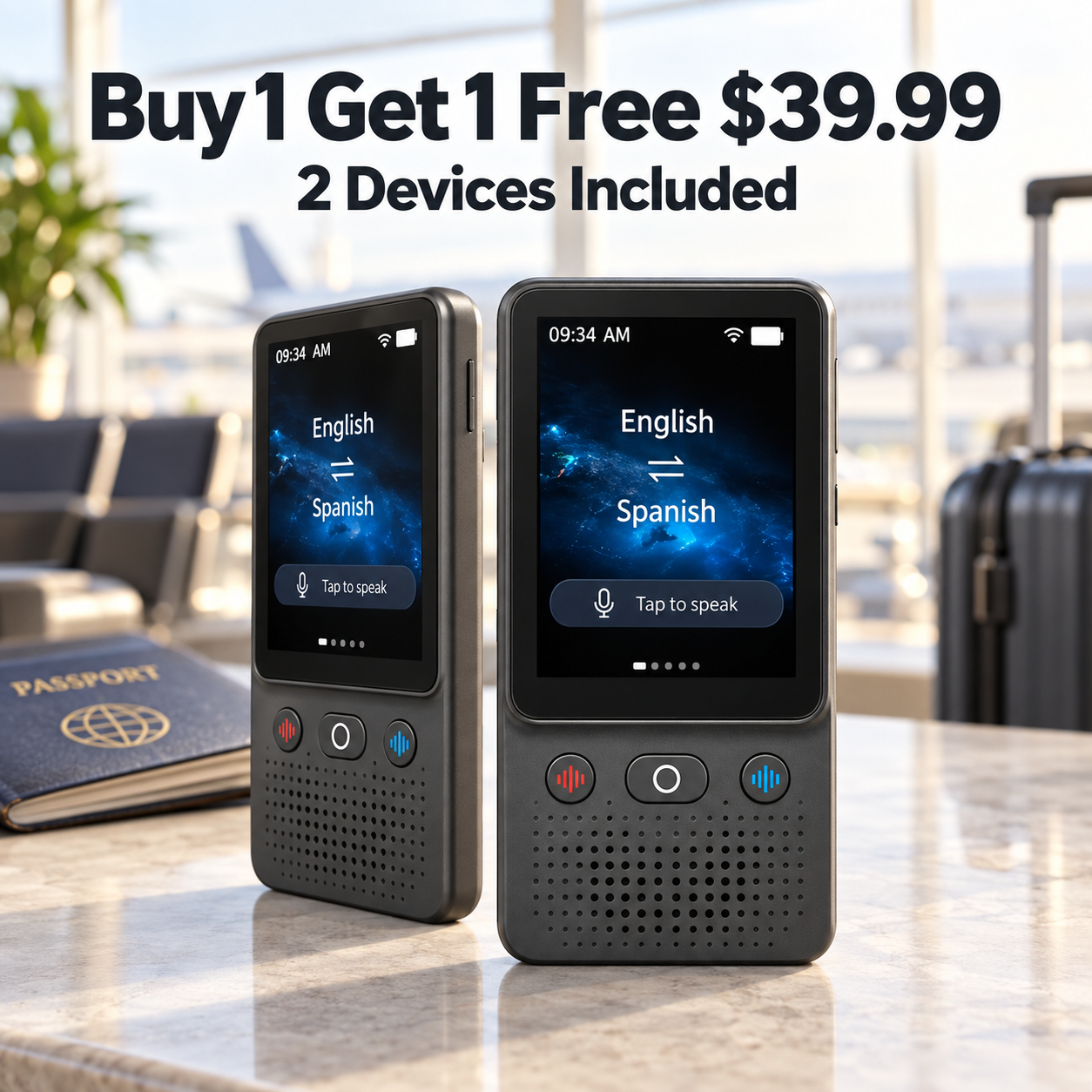 two black pocket language translators in buy one get one free offer for 39.99 USD