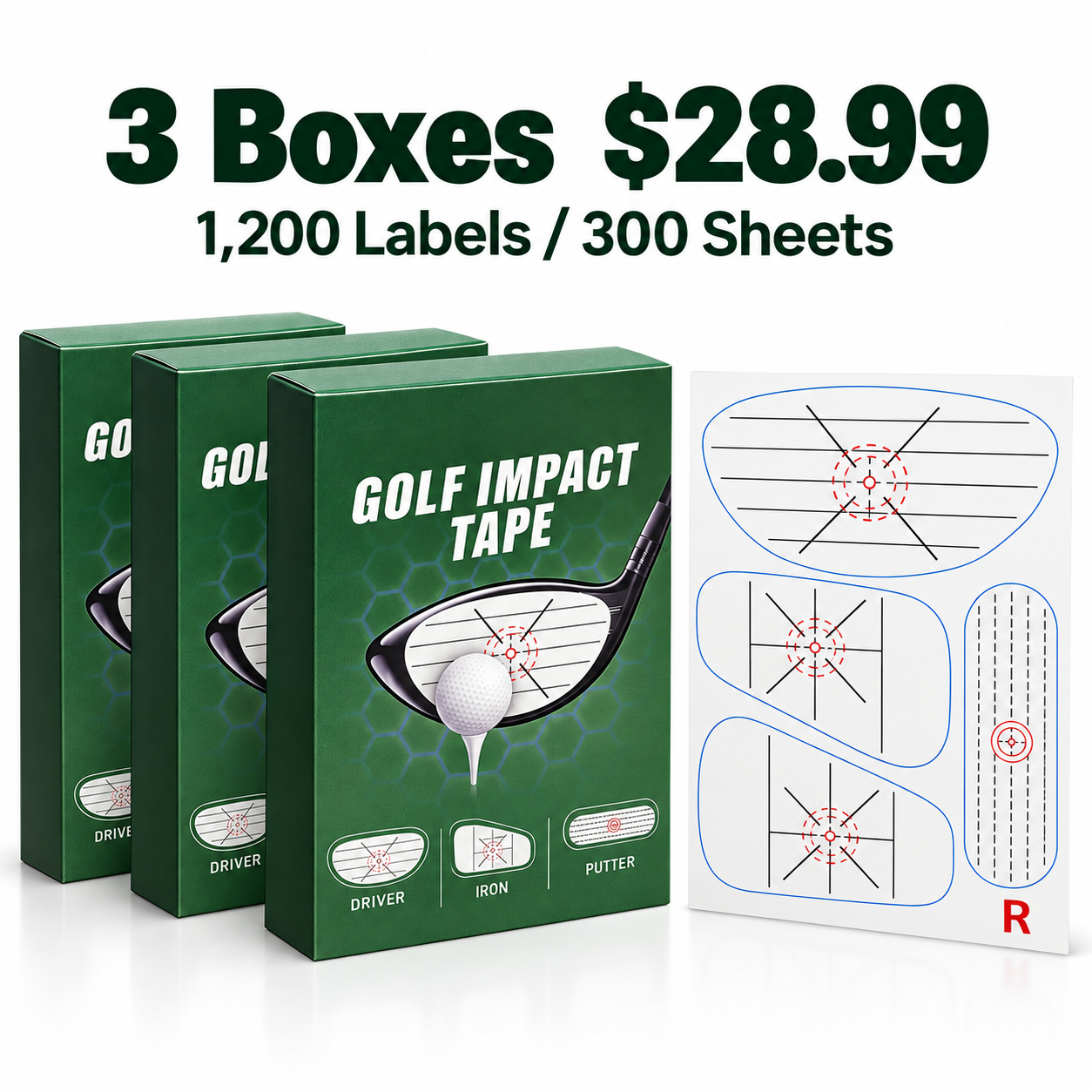 right handed three box golf impact label bundle with 1200 labels and 300 sheets for 28.99 USD