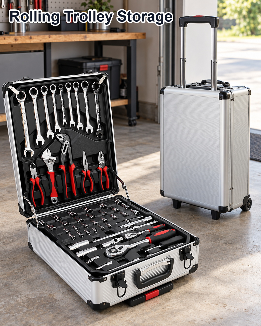 rolling aluminum trolley tool case size detail with pull handle wheels and organized trays