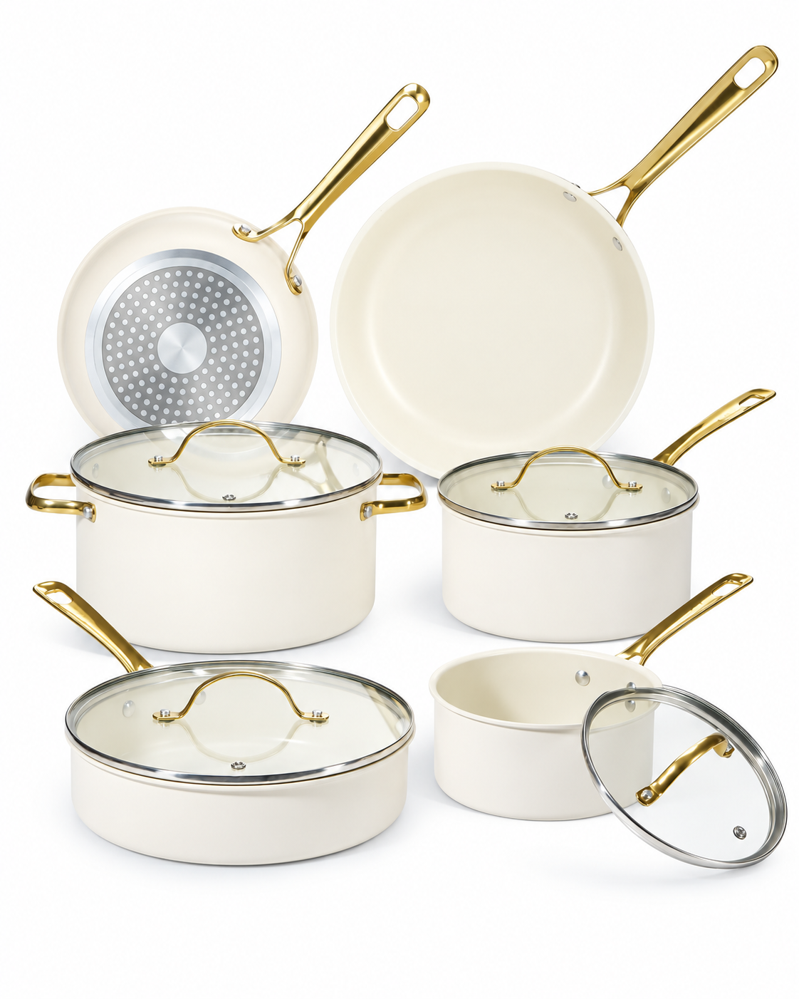 cream white ceramic nonstick cookware set with gold handles and glass lids
