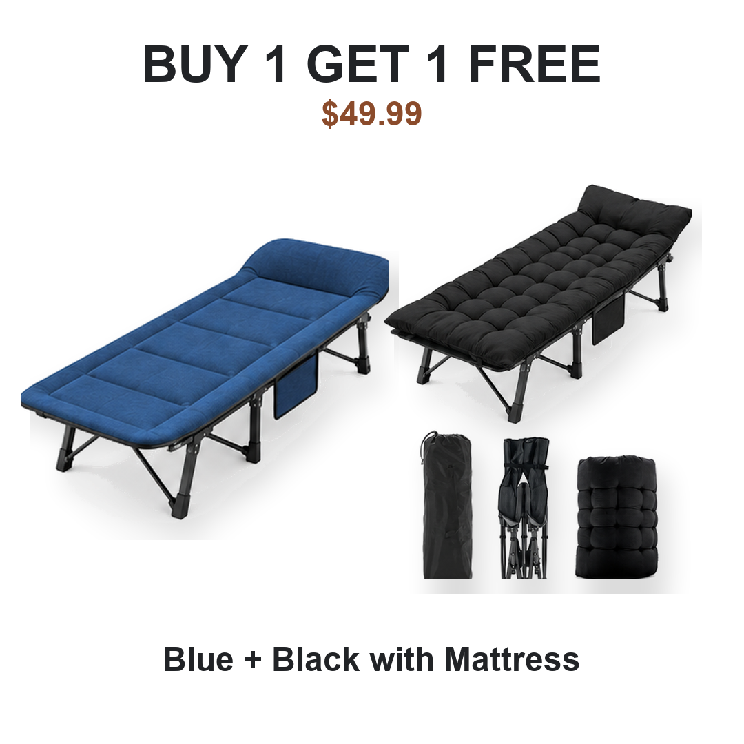Buy one get one free camping cot pair: Cot #1 Blue, Cot #2 Black with Mattress