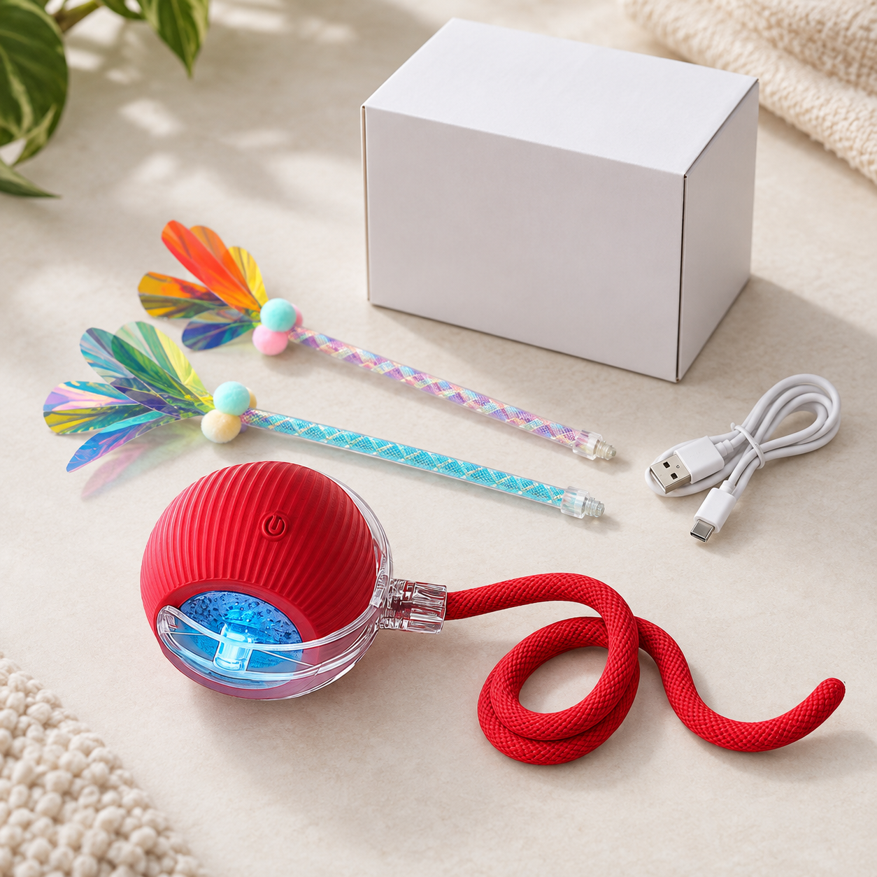 pet teaser toy accessory set with charging cable and replacement tails