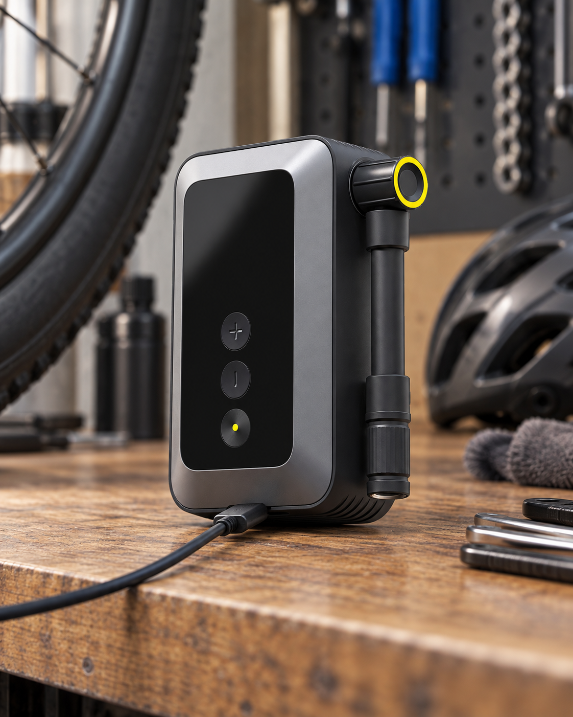 mini electric tire pump charging with Type-C cable