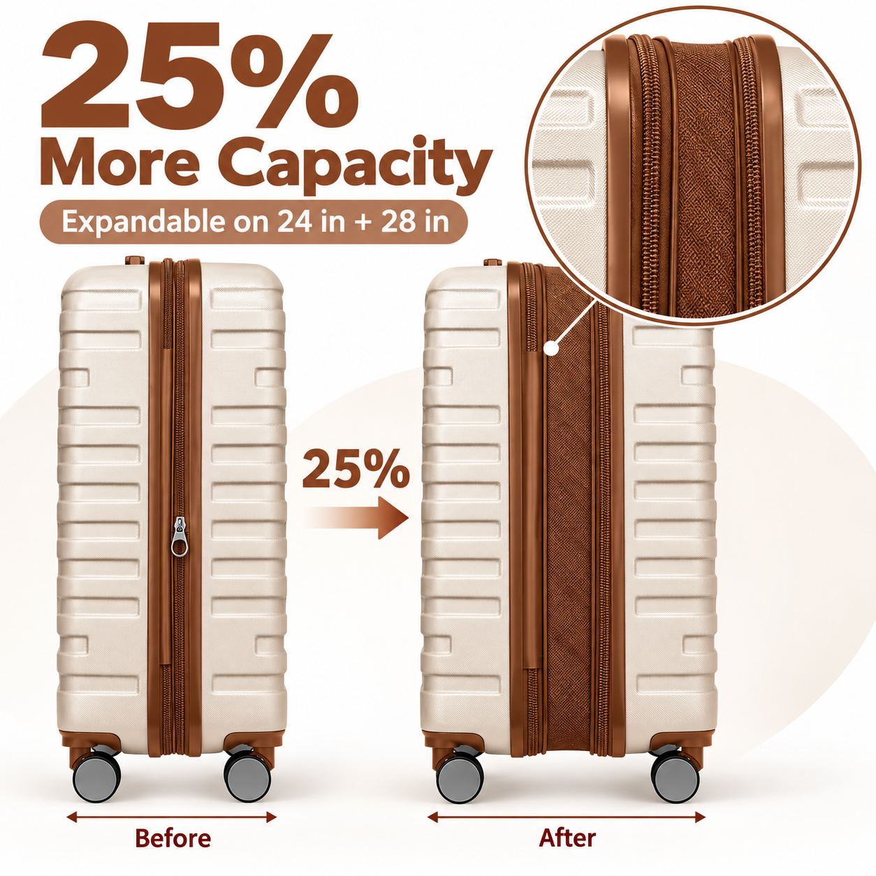 24 inch and 28 inch hardside suitcases expandable for 25 percent more capacity