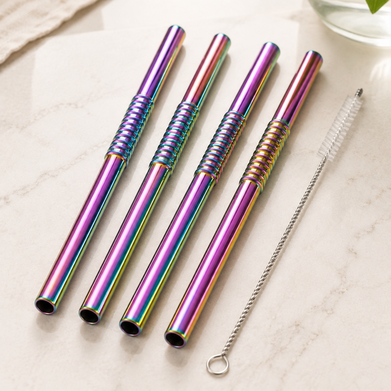 close-up of four rainbow bendable stainless steel straws with cleaning brush