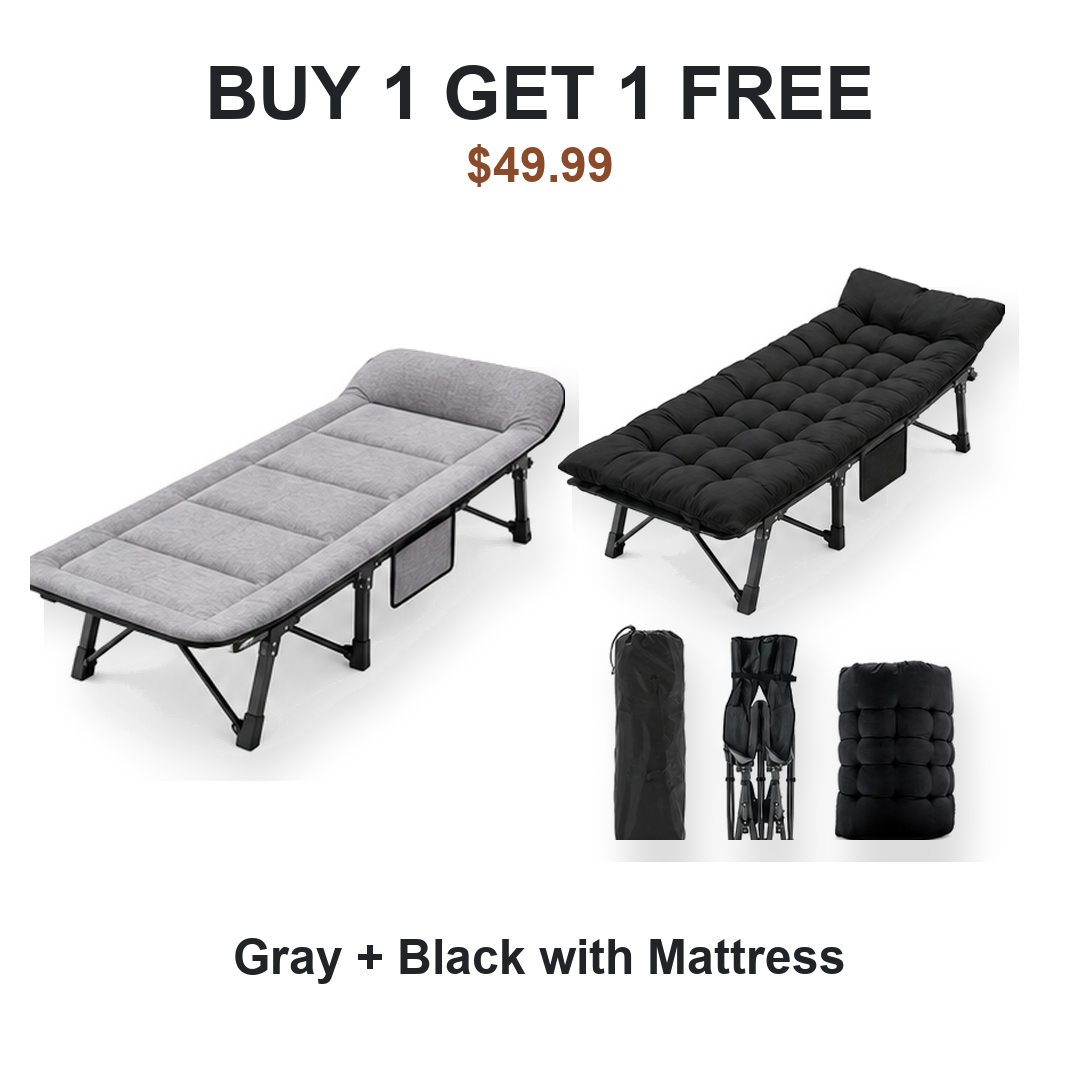 Buy one get one free camping cot pair: Cot #1 Gray, Cot #2 Black with Mattress
