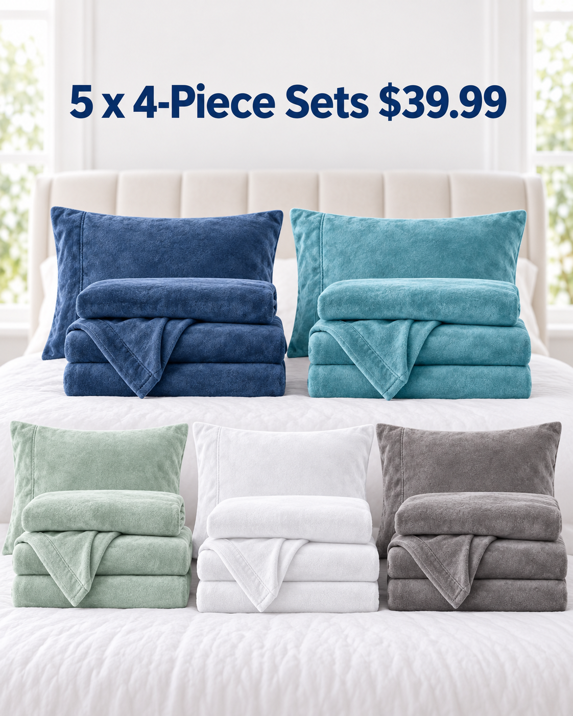 5 sets denim blue turquoise mint green white gray 4 piece velvet plush flannel sheet bundle 39.99 USD
