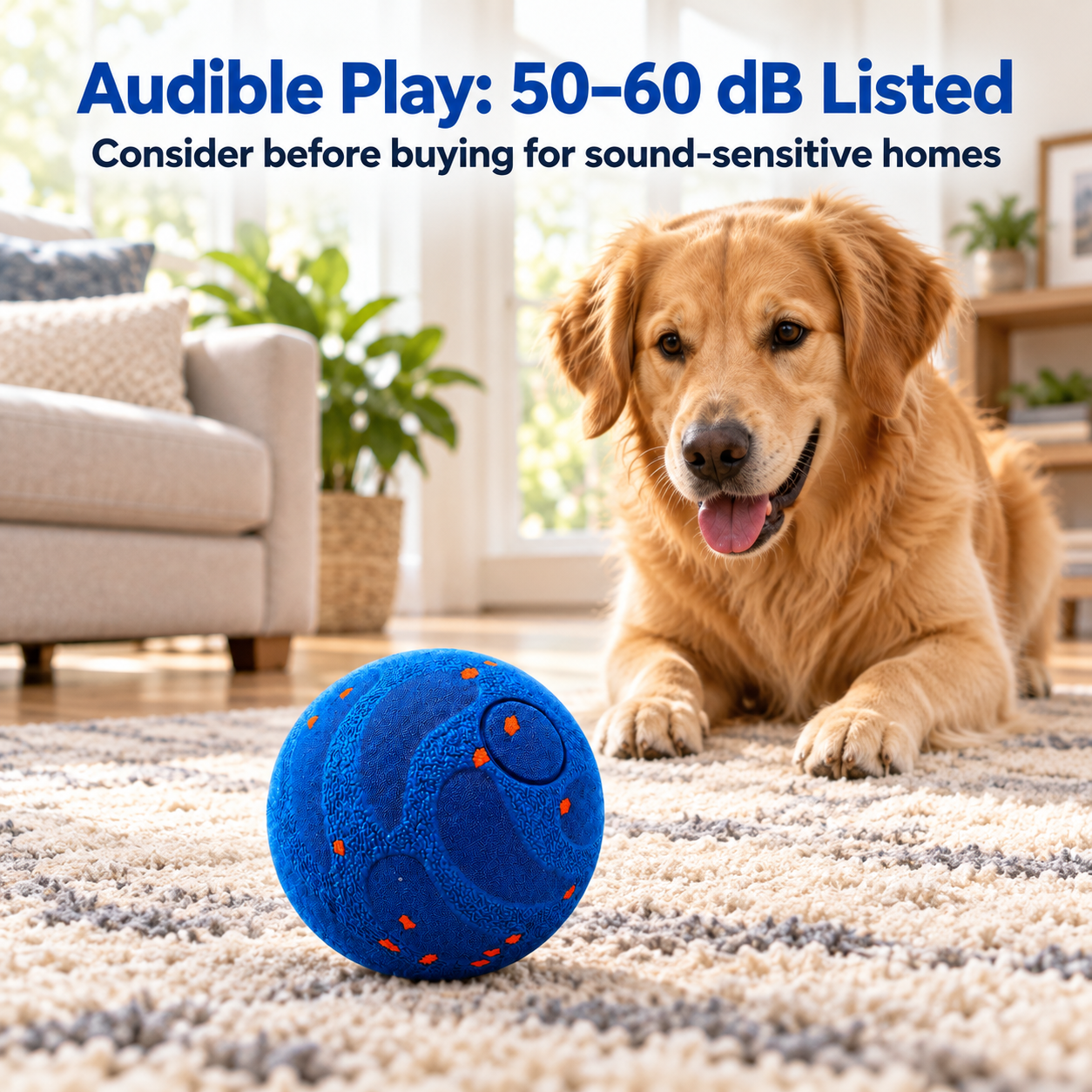 blue interactive dog ball with listed audible operation around 50 to 60 decibels