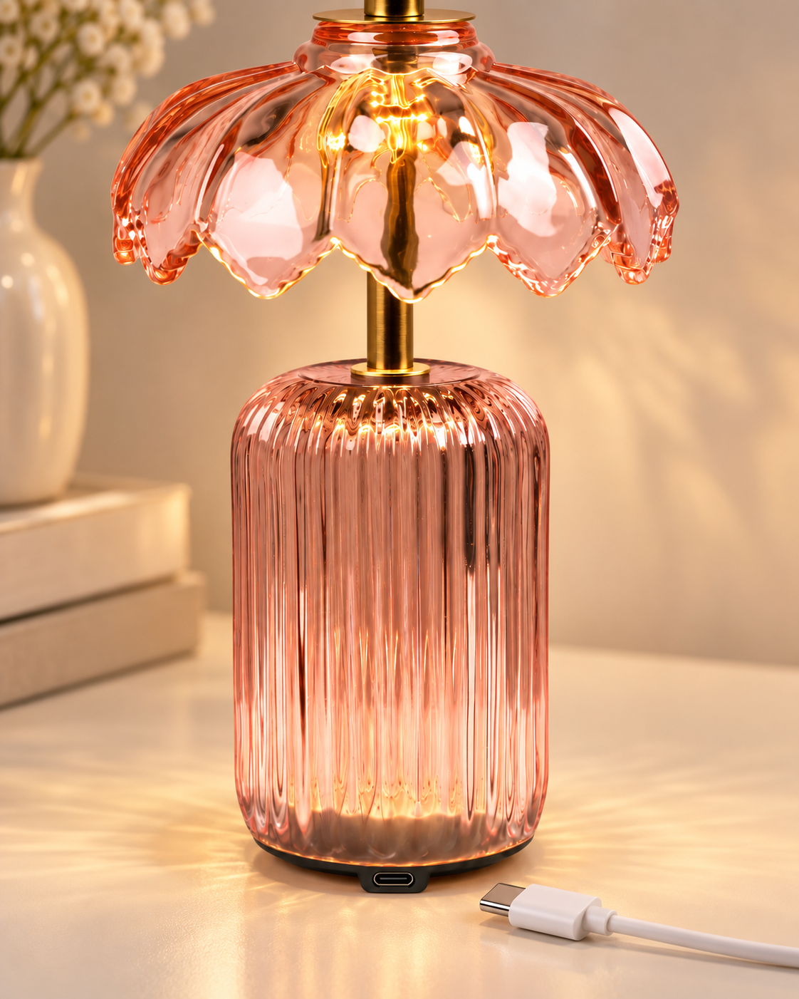 pink cordless flower crystal table lamp Type-C charging port detail