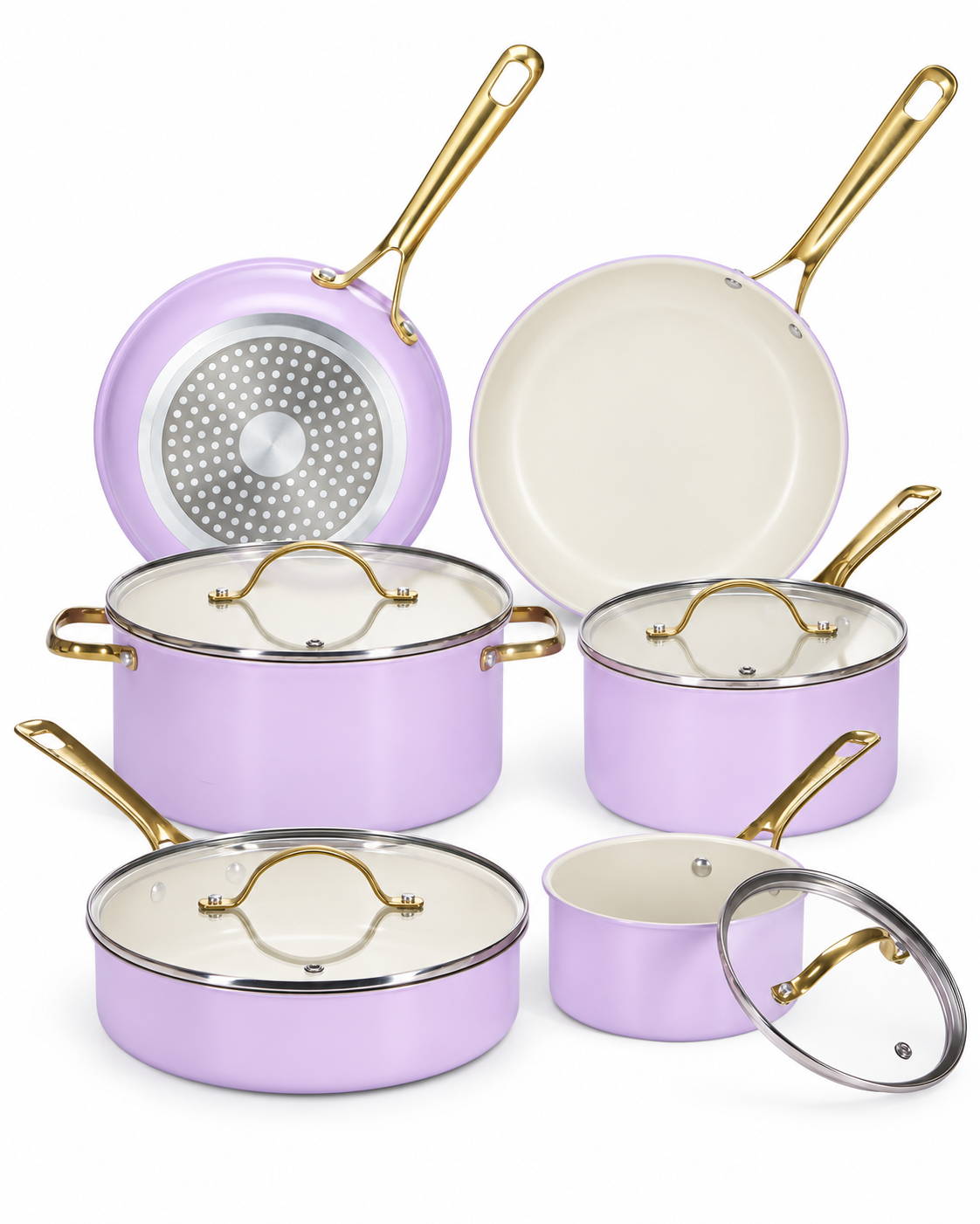 light purple ceramic nonstick cookware set with gold handles and glass lids