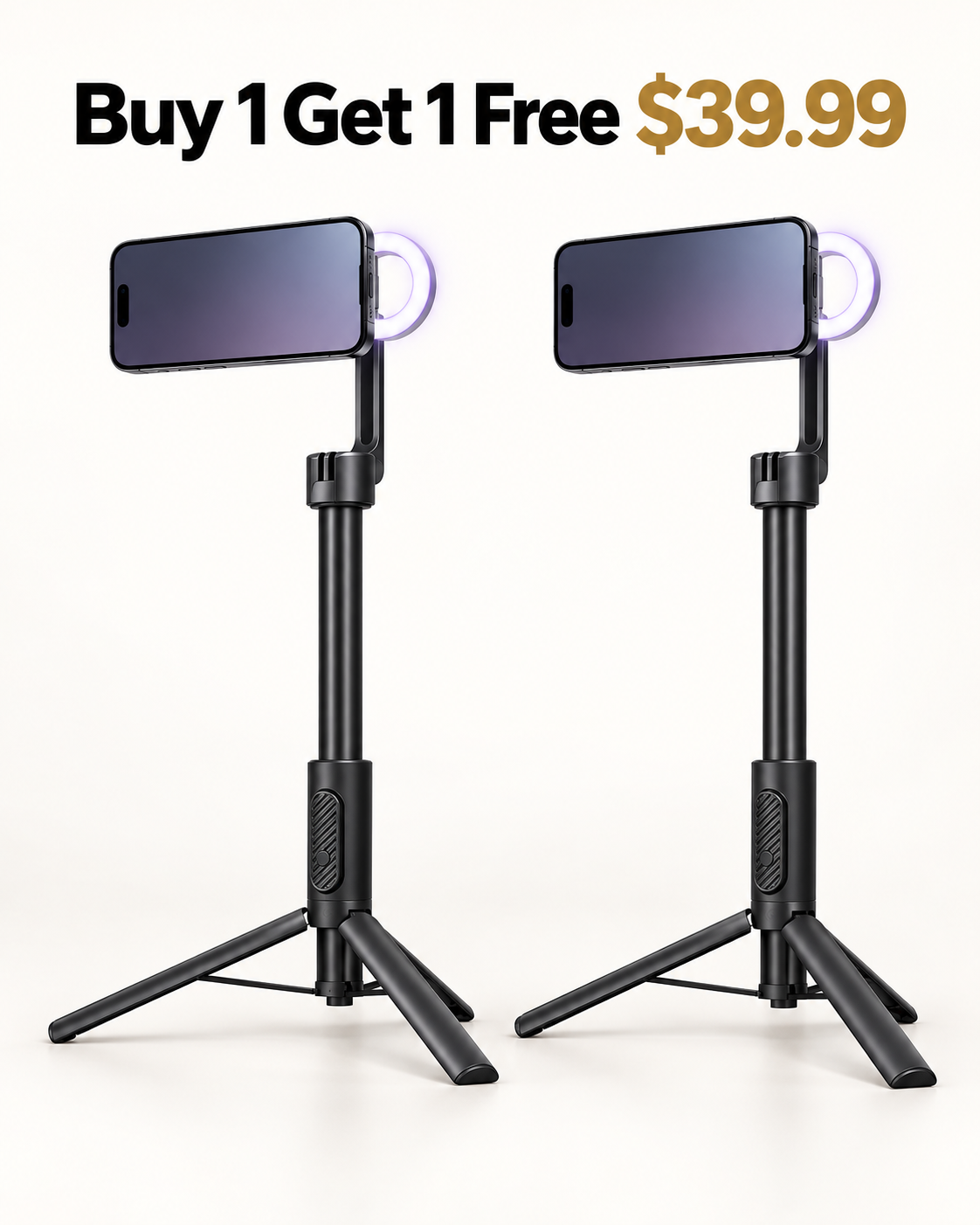Buy 1 Get 1 Free two black magnetic phone tripods with HaloGlow lights 39.99 USD