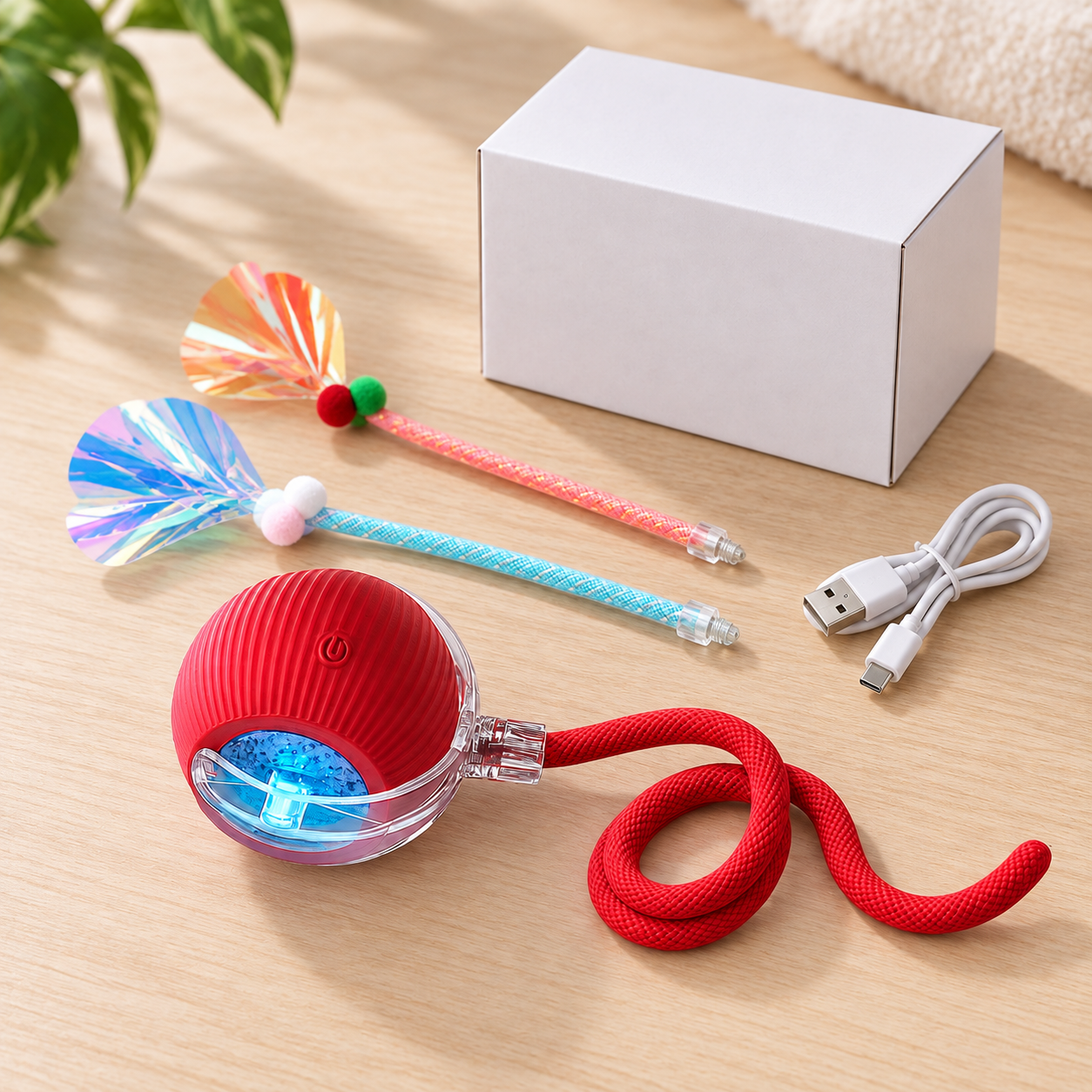 pet teaser toy kit with two extra replacement tails and charging cable