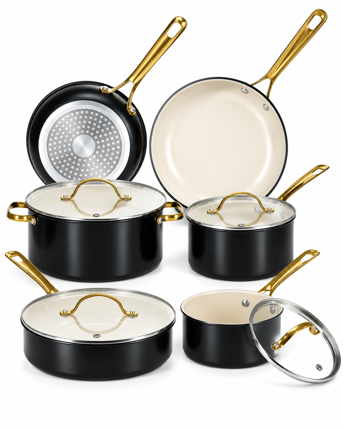 black ceramic nonstick cookware set with gold handles and glass lids